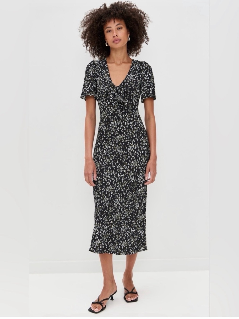 Reformation Black Floral Midi Dress with V-Neck